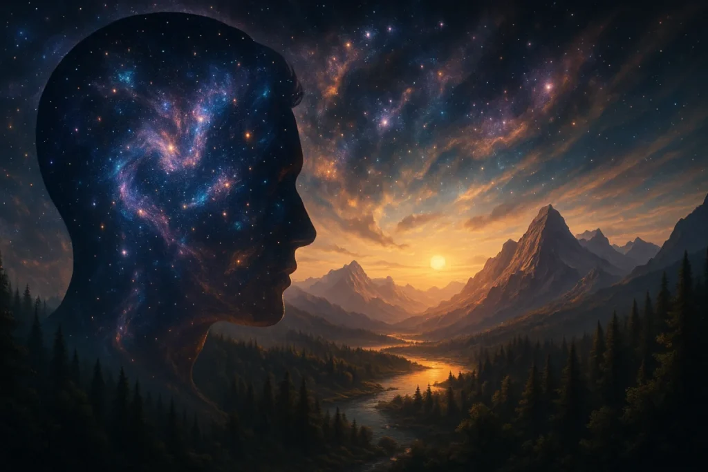 A surreal, wide-format panoramic image of a silhouette of a human head in profile, filled with swirling stars and vibrant nebulae. From the head, a lush, detailed landscape of mountains, forests, and rivers unfolds and projects outwards, seamlessly blending into the cosmic background. The visual represents the concept of a mind creating and manifesting a physical world.