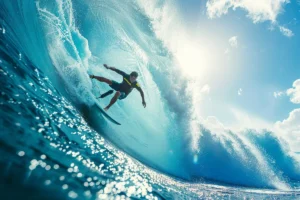 A skilled surfer carves along the face of a massive, curling blue ocean wave, viewed from inside the barrel with the sun shining brightly overhead.