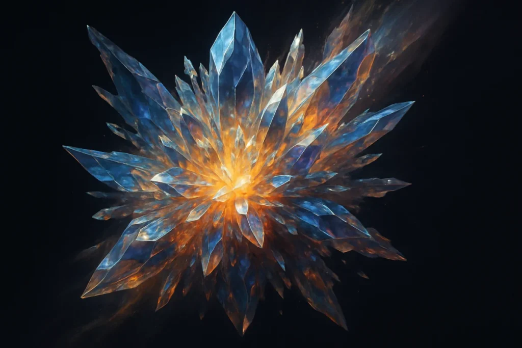 A breathtaking, cinematic digital painting of a singular, vast crystalline formation that appears to be frozen mid-explosion in the depths of space. This is one unified crystal, but its form is incredibly dynamic and organic, as if caught in a moment of ecstatic, outward blooming. The crystal is composed of many distinct, geometric facets in brilliant tones, all visibly connected and growing from a luminous central core. Smaller, glowing crystalline structures radiate outward from the main body, seamlessly integrated into the expanding form. Trails of liquid light and shimmering cosmic dust appear to be part of the crystal's outward surge, giving the impression of unstoppable, joyful creation. It embodies infinite possibility blooming into existence in a single, vibrant, unified instant.